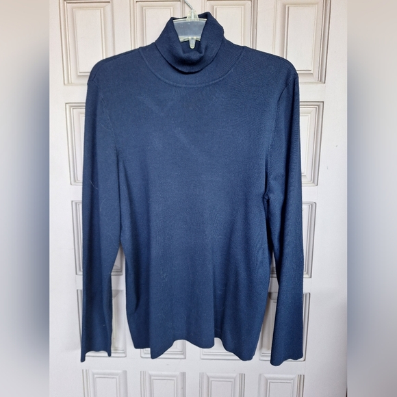 Chico's Sweater Sz3 Smooth Knit Navy Turtle Navy Rayon Polyester Dressy Look - Picture 1 of 10